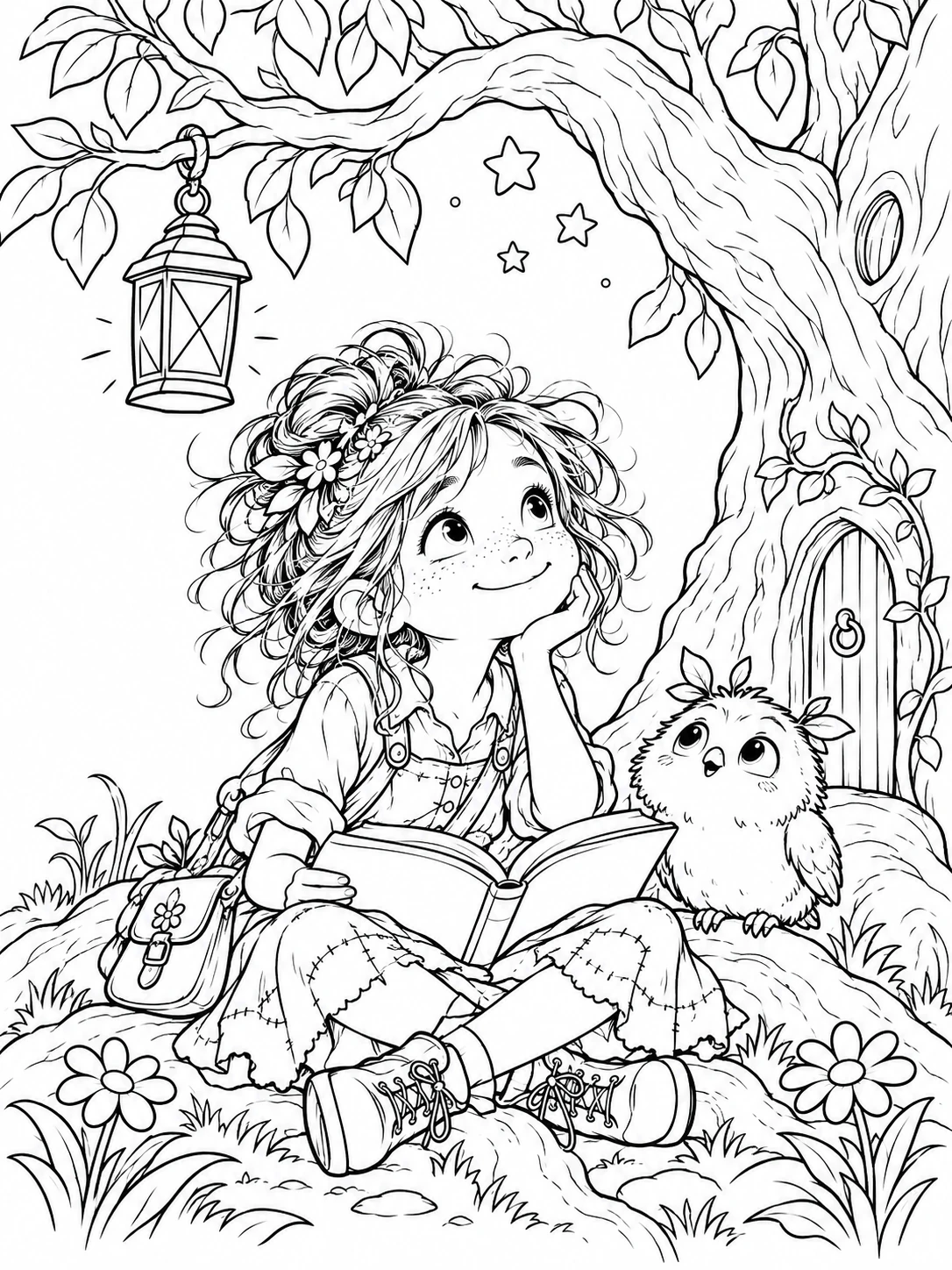 Ausmalbild: Junifee sitzt mit einem offenen Buch und Pip unter einem großen Baum. Eine Laterne hängt neben ihr, und im Baumstamm ist eine kleine Tür.