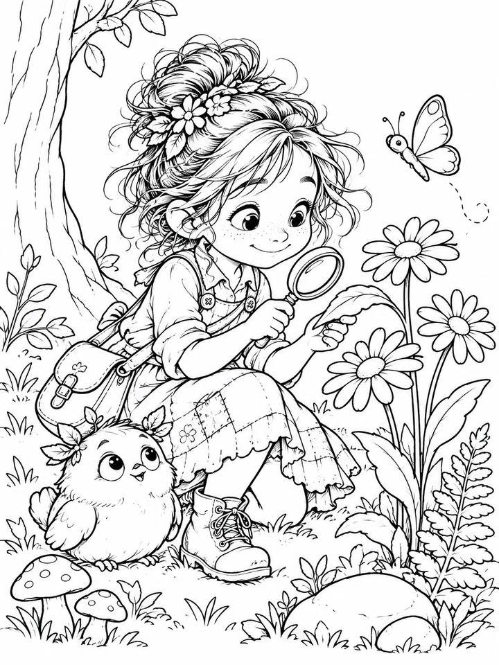 Ausmalbild: Junifee untersucht ein Blatt mit ihrer Lupe. Pip sitzt neben ihr zwischen Blumen und Pilzen, darüber fliegt ein Schmetterling.