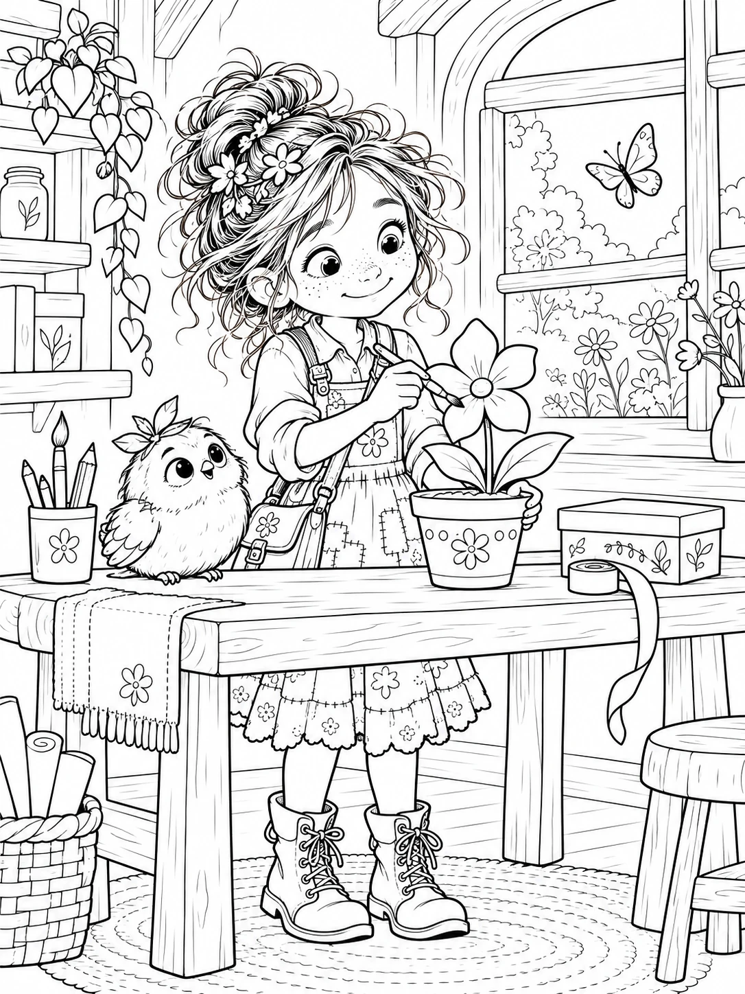 Ausmalbild: Junifee malt eine Fantasieblume im Topf an ihrer Werkbank an. Pip schaut zu, daneben stehen Pinsel und kleine Erfinderkisten.