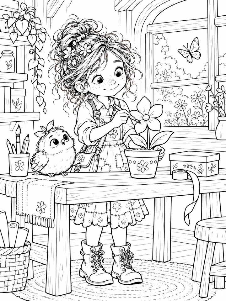 Ausmalbild: Junifee malt eine Fantasieblume im Topf an ihrer Werkbank an. Pip schaut zu, daneben stehen Pinsel und kleine Erfinderkisten.