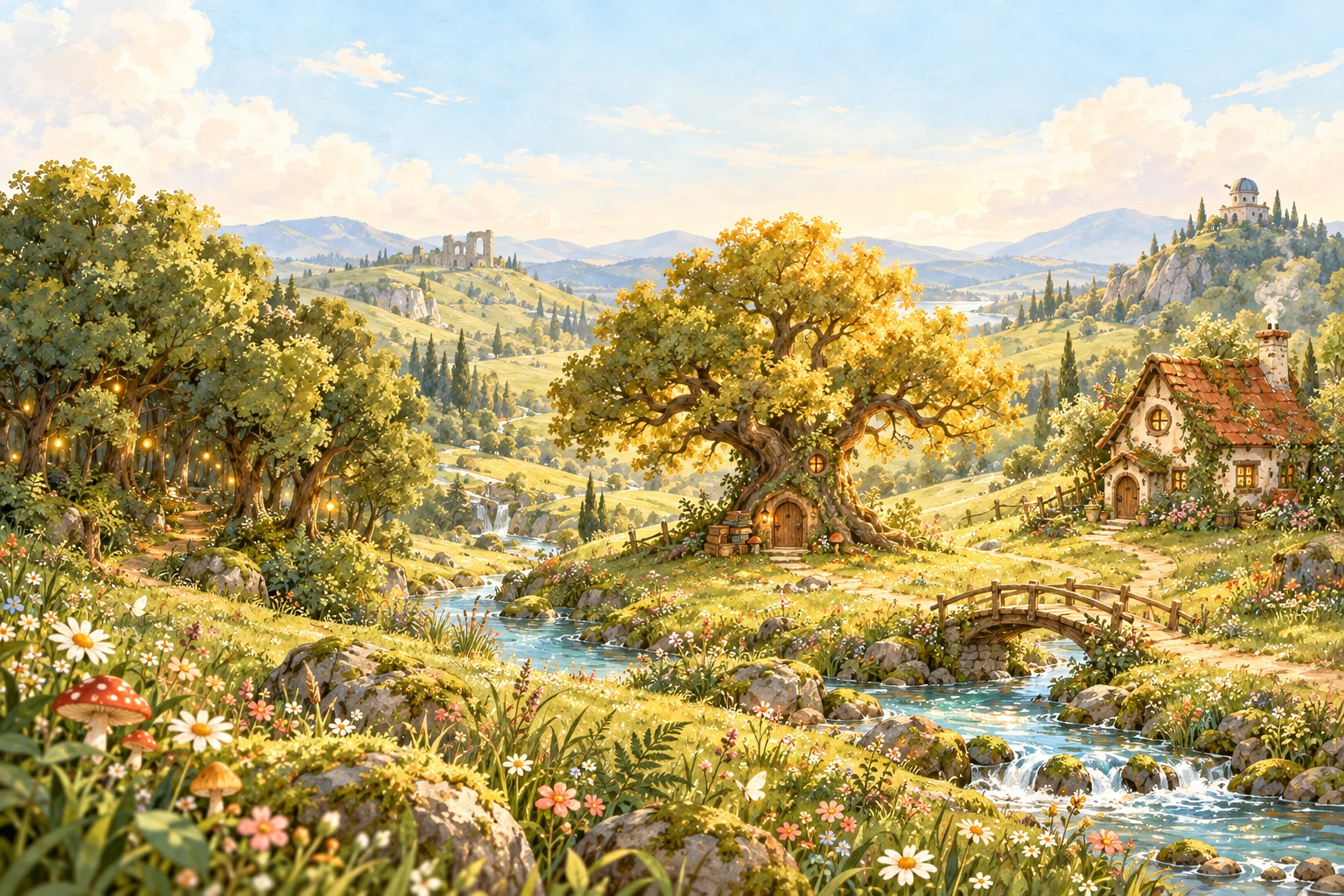 Eine Bilderbuchlandschaft: links ein Wald, in der Mitte ein Geschichtenbaum und rechts ein Wunderhäuschen, verbunden durch einen Bach und kleine Wege.